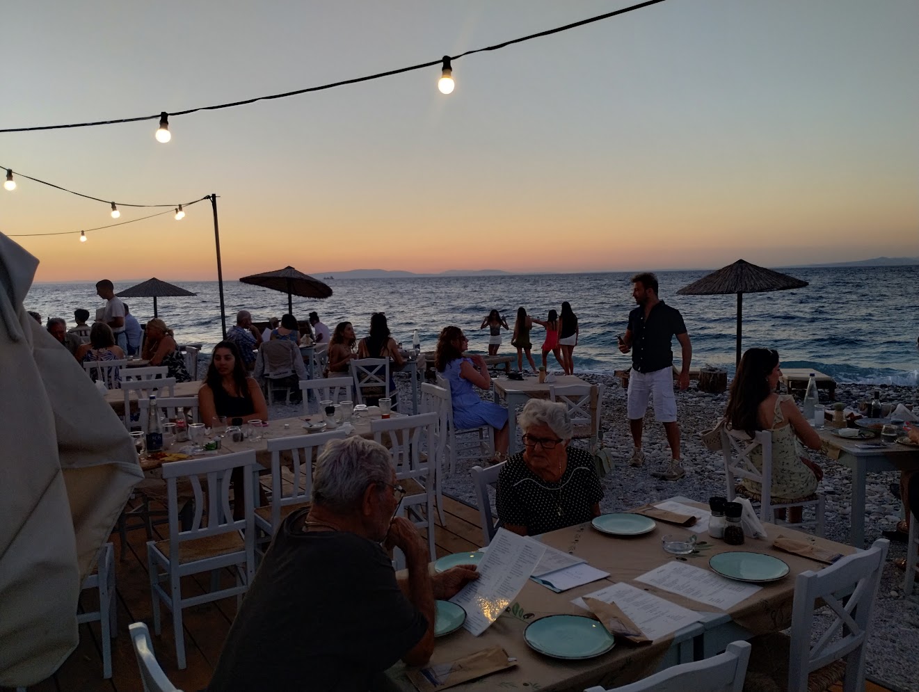 Beachside restaurant at sunset on Samos