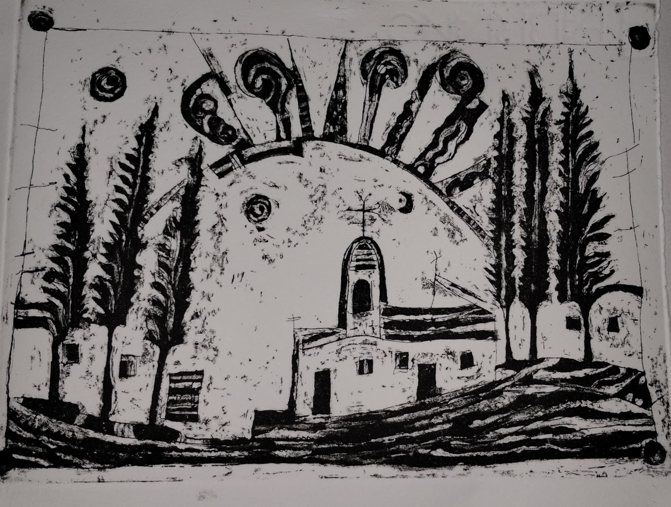 Greek island church etching