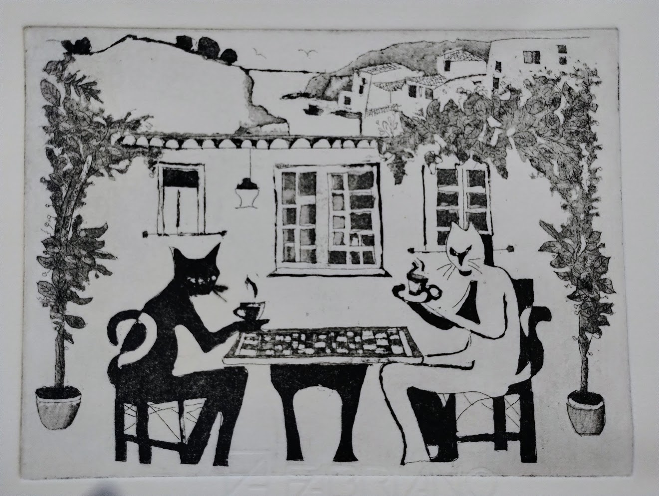 Samos cat cafe etching